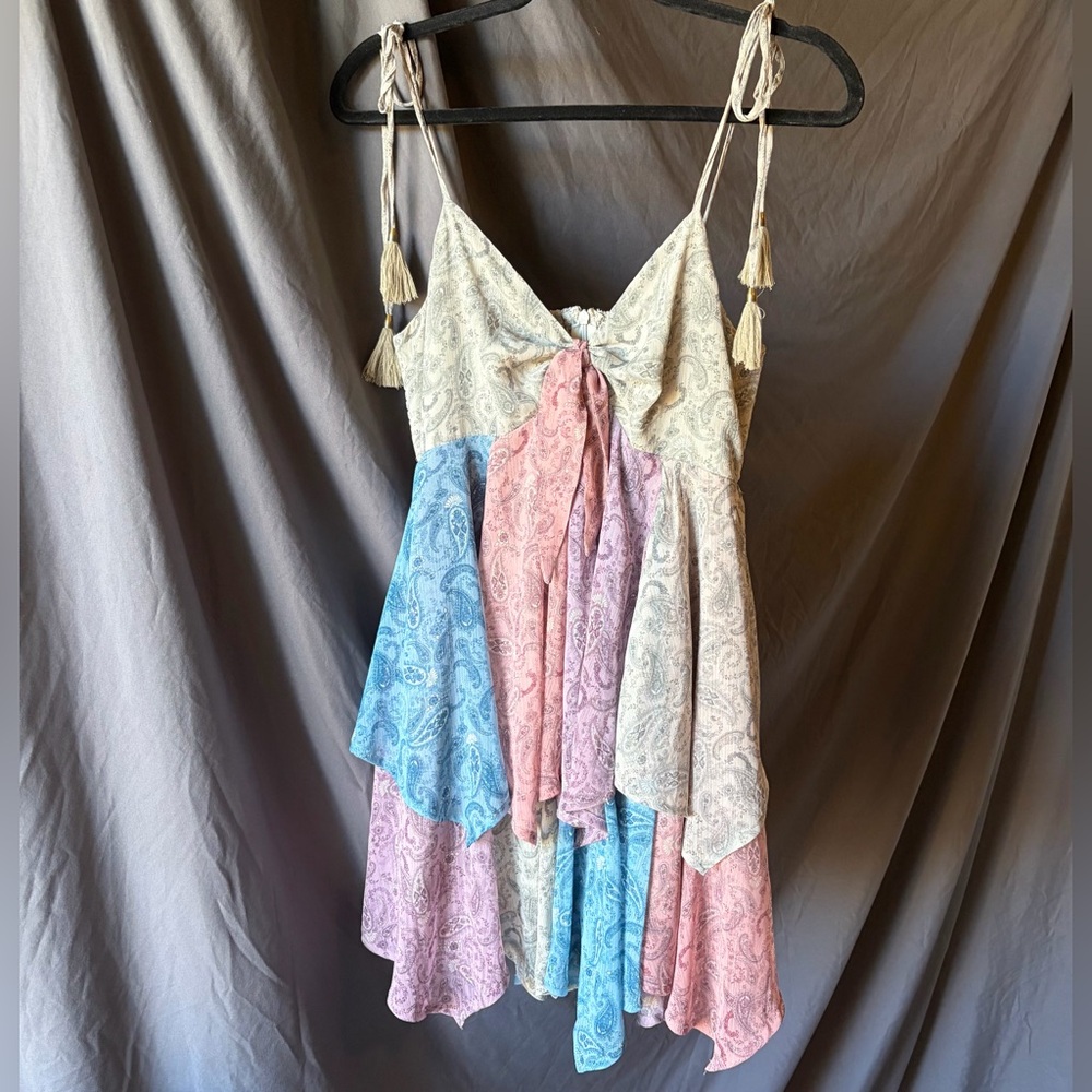 STORIA Colorful Tiered Boho Mini Dress Adjustable Straps Paisley Festival MEDIUM